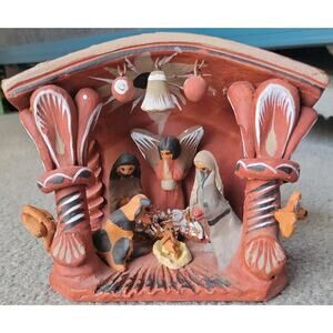 Vintage Mexican Red Clay Pottery Nativity Manger Animal Scene Hand Painted